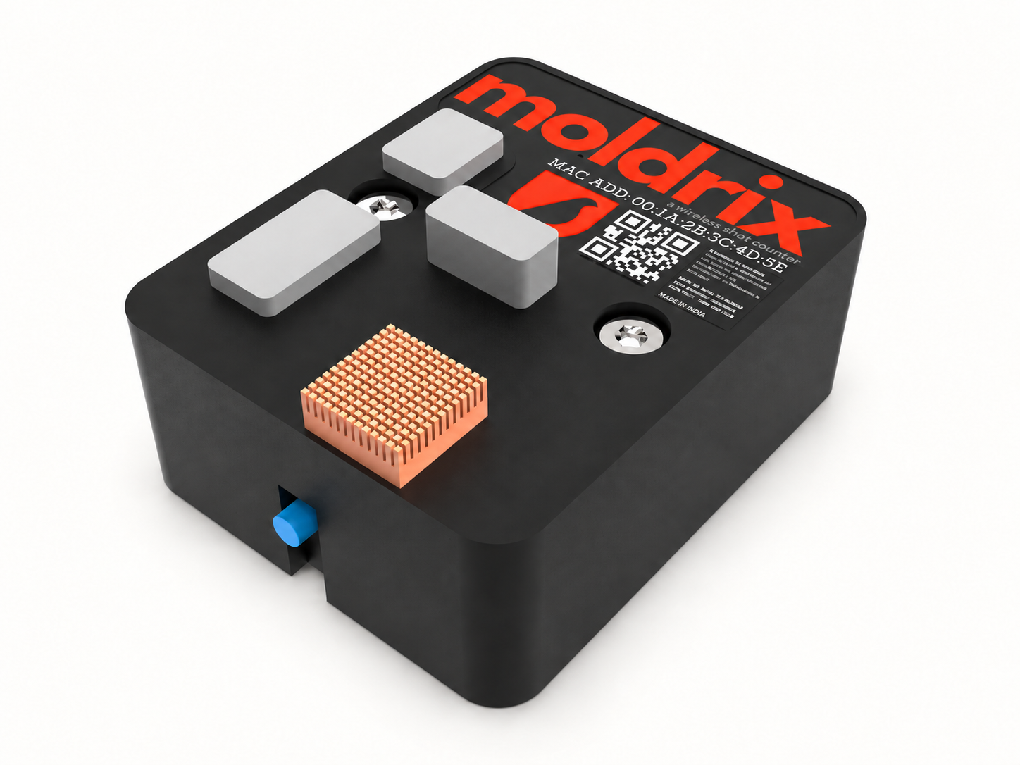 Angled render of the Moldrix mould shot counter showing its blue pin, mounting screws and copper grid
