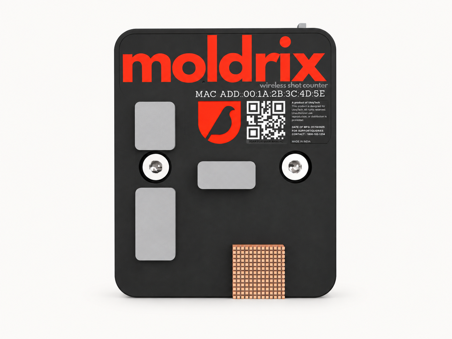 Front-view render of the Moldrix wireless mould shot counter with its label, mounting screws and copper grid