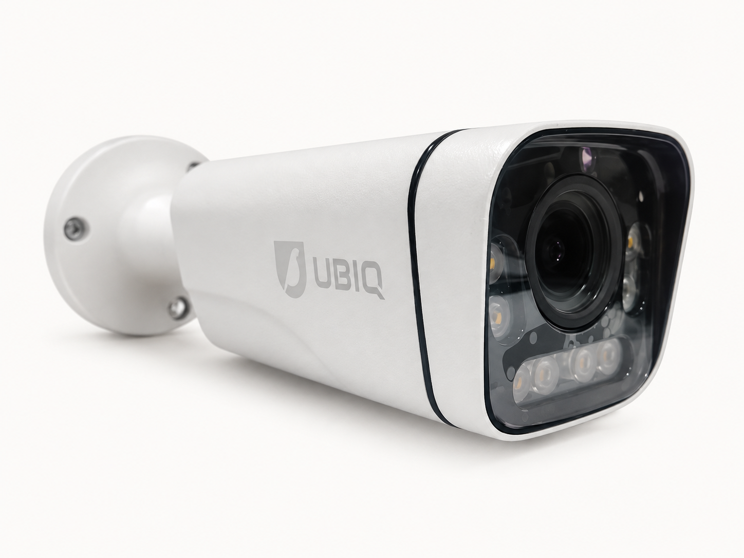 Ubiq-branded camera showing its lens, front lights and integral mounting arm