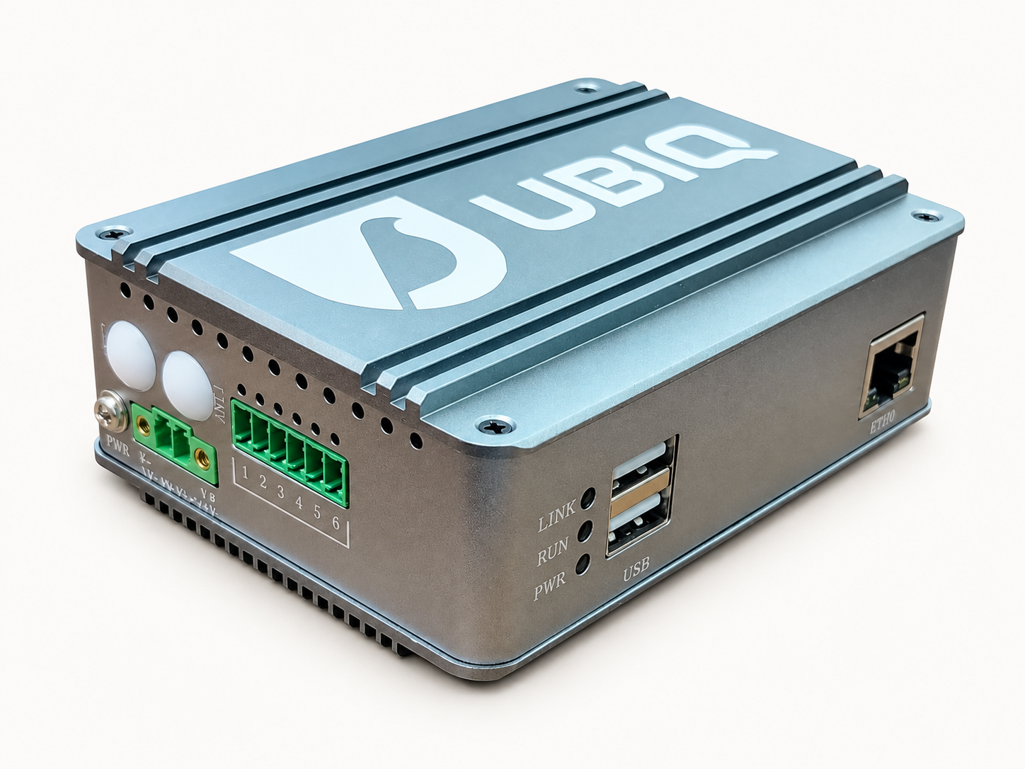 Ubiq IoT Gateway in a metal enclosure with connection ports visible