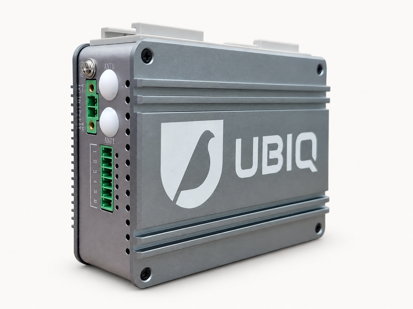 Upright Ubiq IoT Gateway showing its branded metal enclosure and side connectors